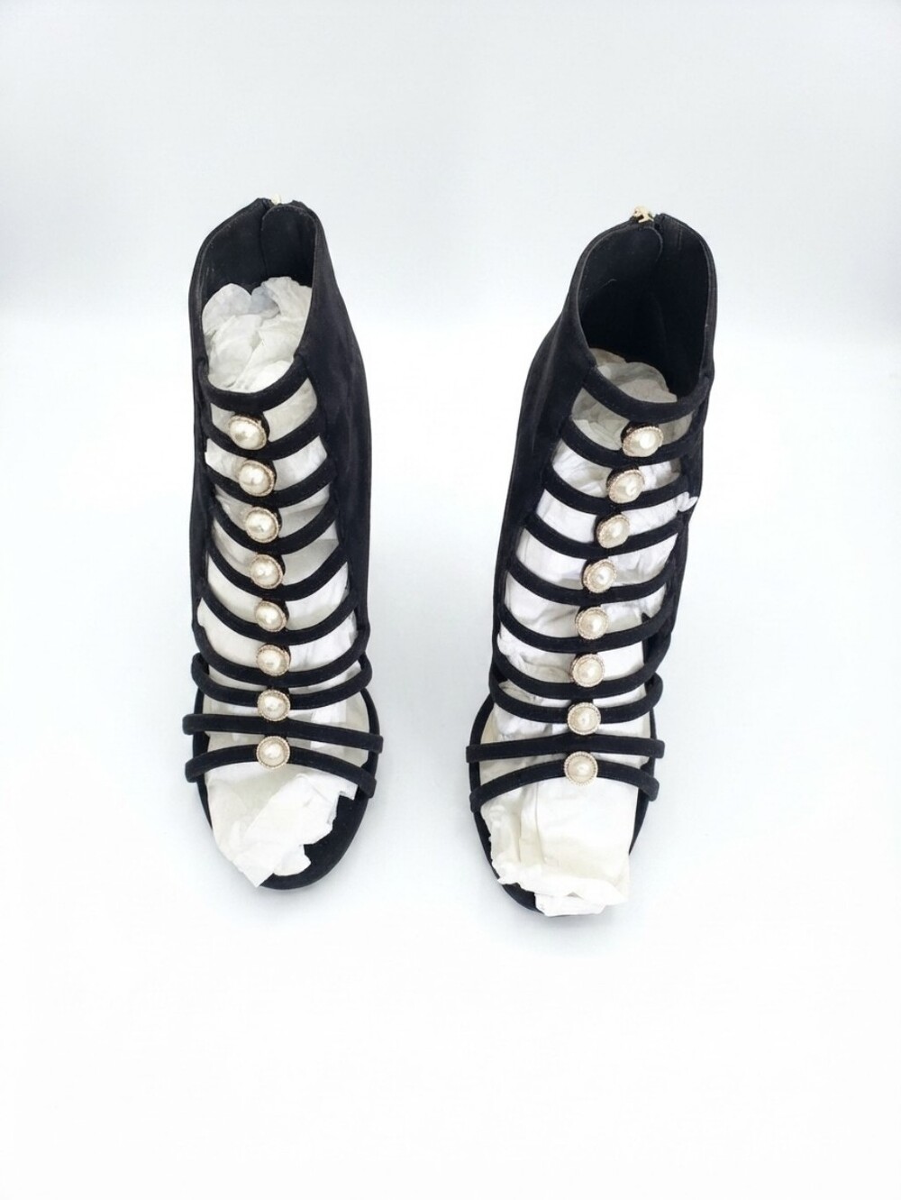 Chanel Black Suede Strappy Pearl-Button Heels Size 39/9